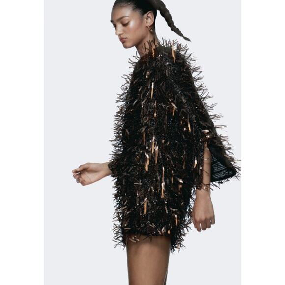 Zara Dresses & Skirts - Zara Sparkly Black and Gold Fringe Sequins V-Neck Mini Dress Size Small